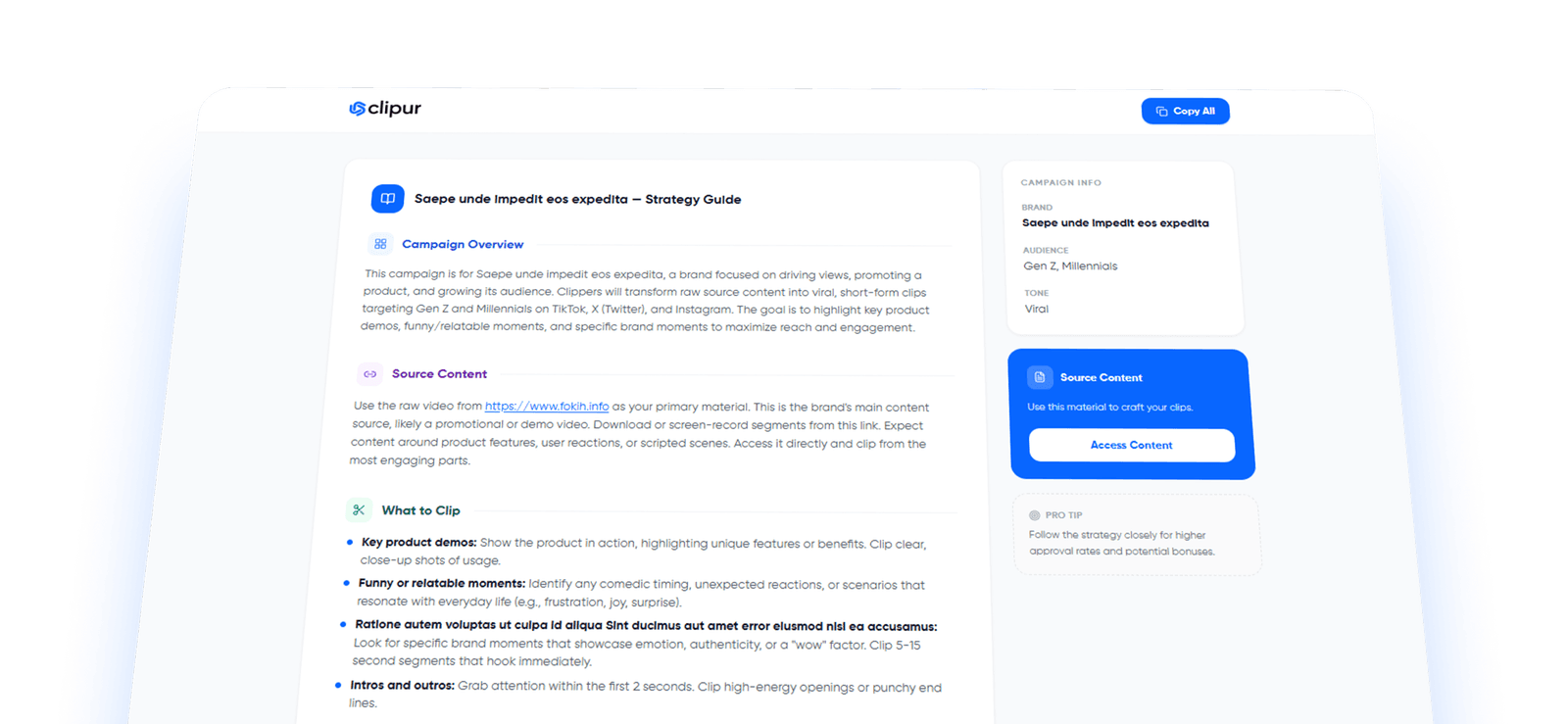 Preview of Clipur's AI-generated growth strategy dashboard